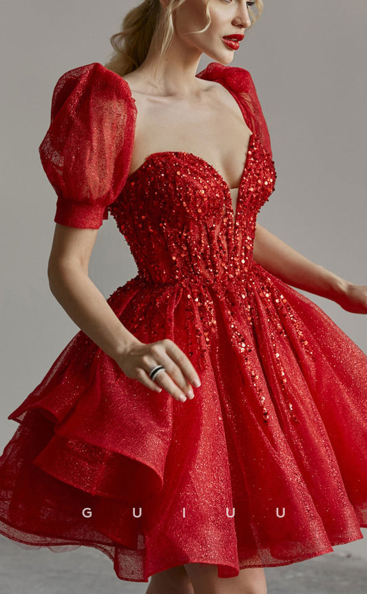 GH577 - Sexy V-Neck Ball Gown Sparkle Sequins Red Puff Sleeves Short Homecoming Dress