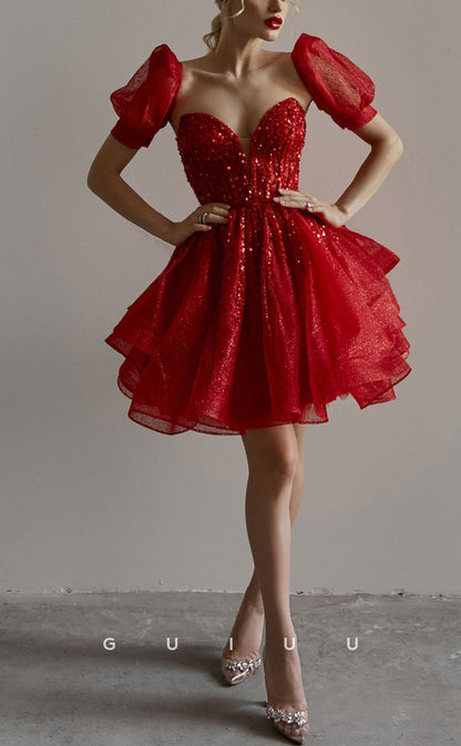 GH577 - Sexy V-Neck Ball Gown Sparkle Sequins Red Puff Sleeves Short Homecoming Dress