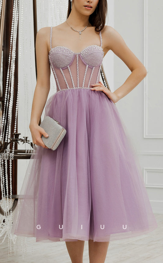 GH582 - Sexy Spaghetti Straps Sweetheart Sheer Ballgown Tulle Beaded Homecoming Dress