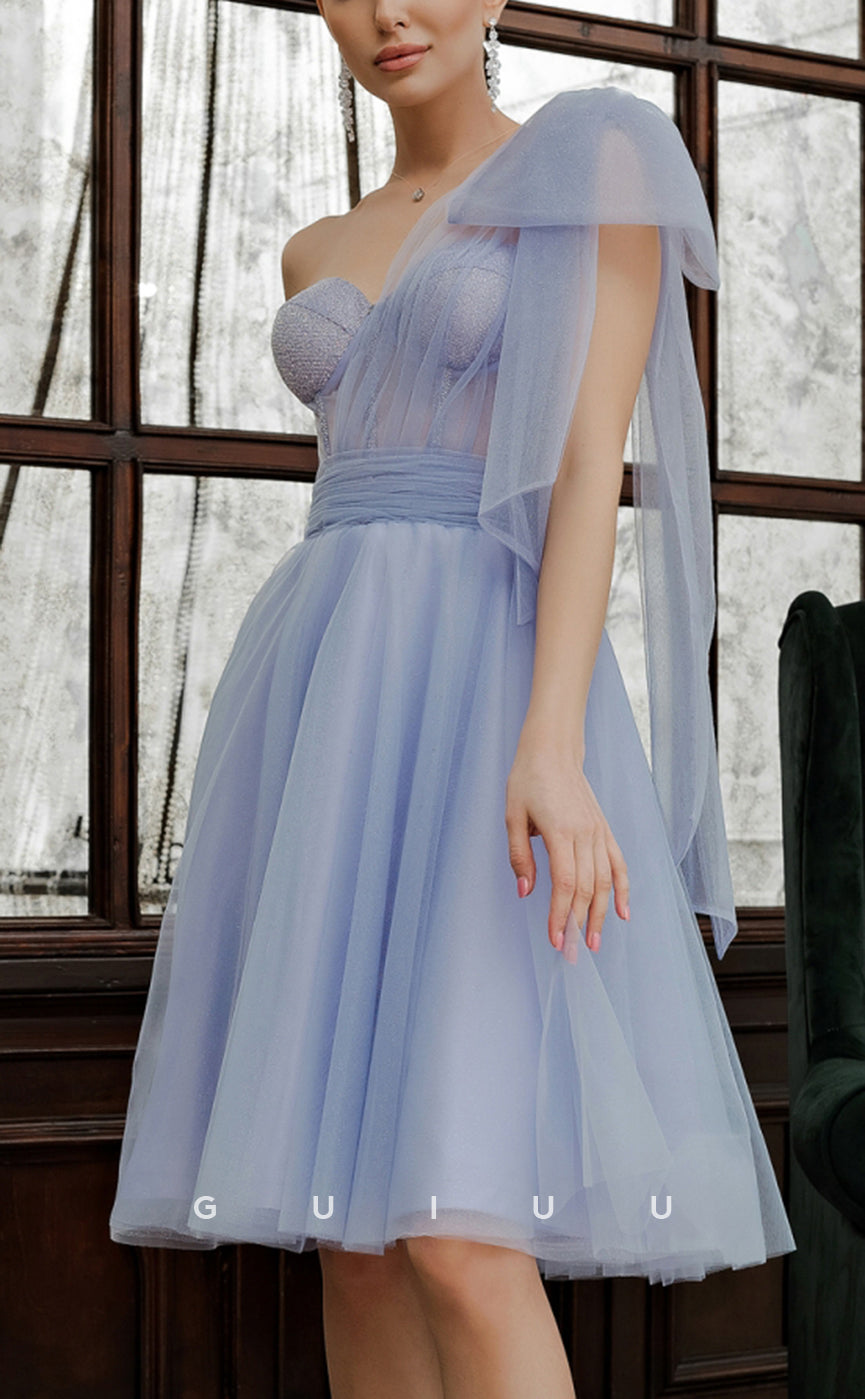GH586 - Chic & Modern Sheer Tulle Sweetheart One-Shoulder Bowknot Lace-Up Homecoming Dress