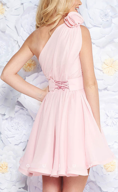 GH601 - Chic & Modern Tulle Floral One-Shoulder Belt Short Party Homecoming Dress