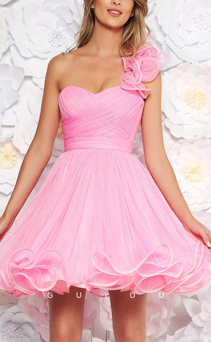 GH602 - Elegant & Luxurious TulleSweetheart Floral  One-Shoulder Lace-Up Homecoming Dress