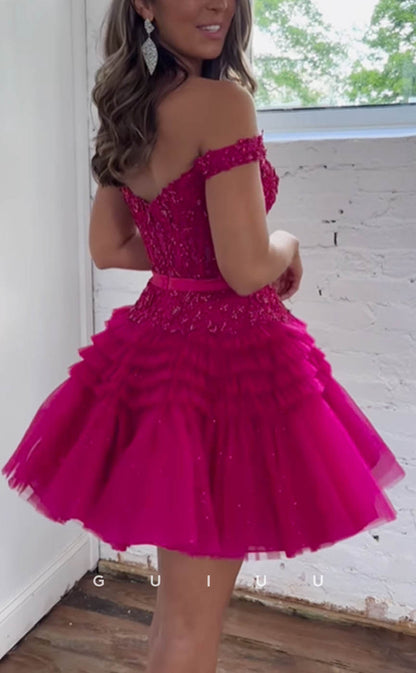 GH604 - Sexy & Hot Off-Shoulder Deep V-Neck Ball Gown Beaded Open Back Homecoming Dress