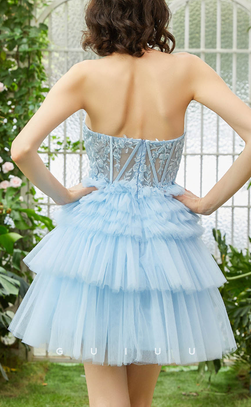 GH605 - Sexy & Hot Strapless Ball Gown Sheer Appliques Tiered Open Back Homecoming Dress