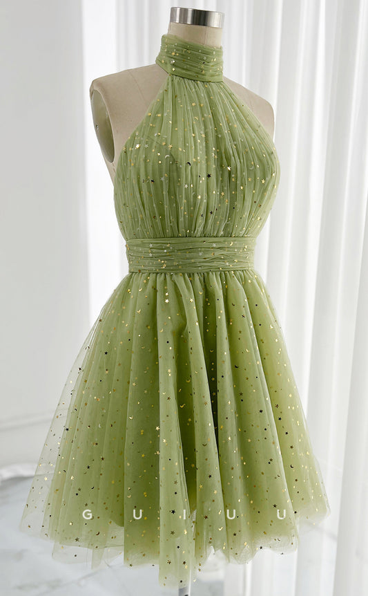 GH665 - Chic & Modern A-Line Halter Lace-Up Homecoming Dress