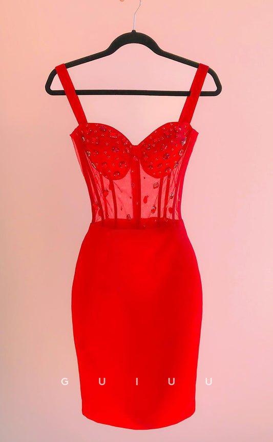 GH679 - Sexy Sheath Sweetheart Straps Beaded Red Homecoming Dress