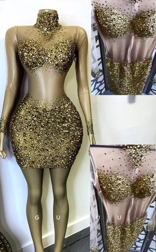 GH692 - Sexy Sheath High Neck Beaded Illusion Short Homecoming Dress For Black Women