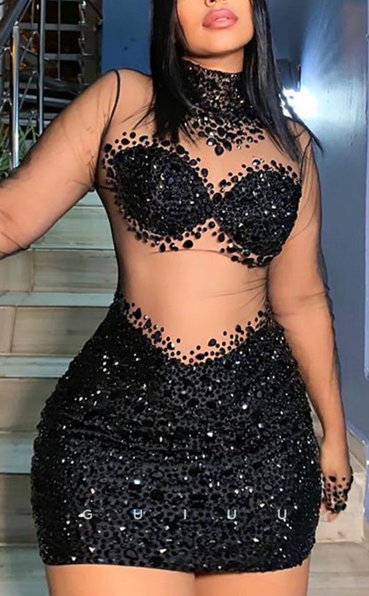 GH694 - Sexy & Hot Beaded High Neck Illusion Homecoming Dress For Black Women