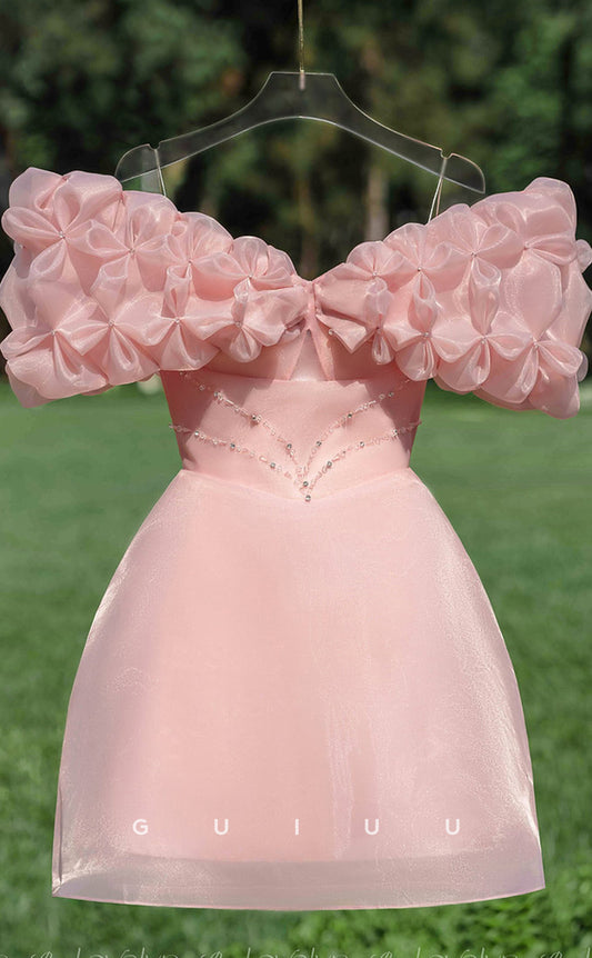 GH704 - Chic & Modern Floral Embossed Off-Shoulder Short Pink Homecoming Dress