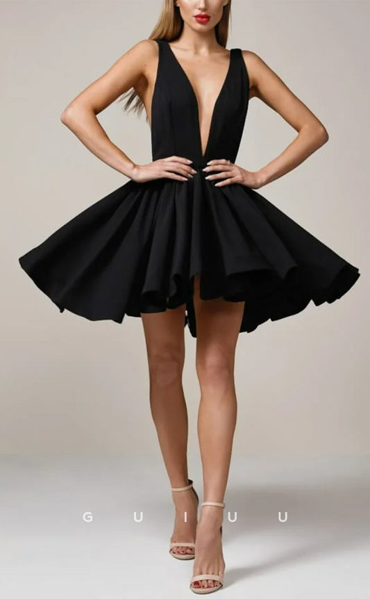 GH717 - Classic A-Line Satin Deep V-Neck Black Short Homecoming Party Dress