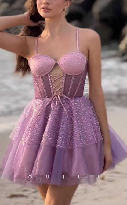 GH718 - Classic Sweetheart Straps Sparkly Sequins Ball Gown Short Homecoming Dress