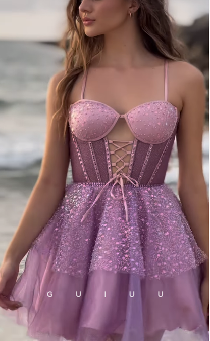 GH718 - Classic Sweetheart Straps Sparkly Sequins Ball Gown Short Homecoming Dress