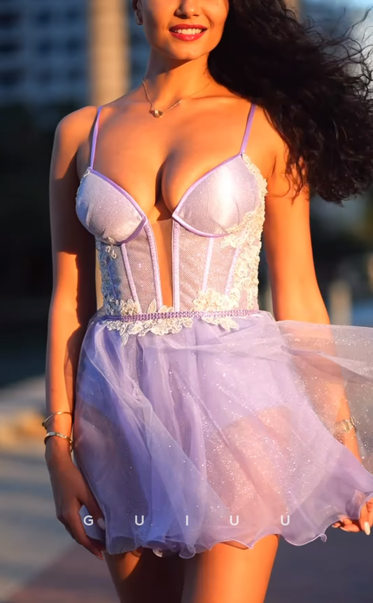 GH720 - Sexy Straps Ball Gown Applique Shimmer Tulle Homecoming Dress