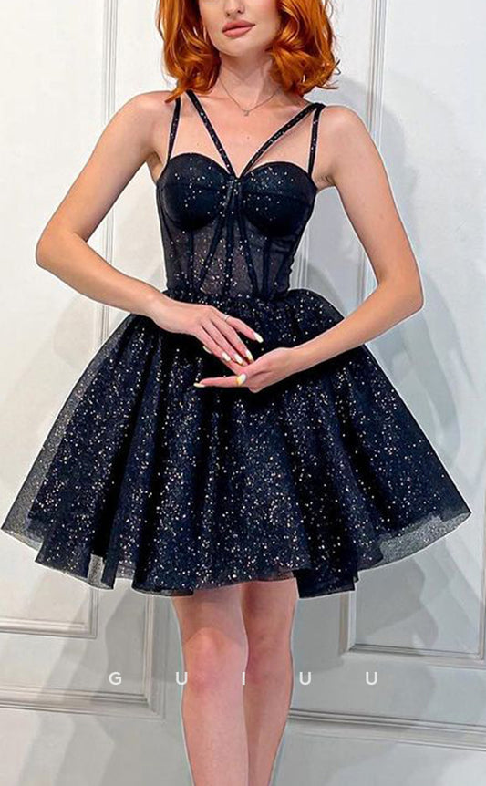 GH727 - Sexy Sweetheart Ball Gown Straps Glitter Black Short Homecoming Dress