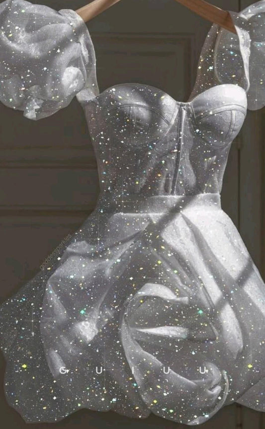 GH732 - Elegant White Glitter Tulle Sweetheart Mini Short Homecoming Dress