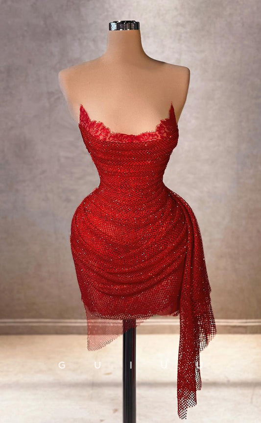 GH735 - Sexy & Hot Red Tulle Lace Ruched Mini Short Homecoming Dress
