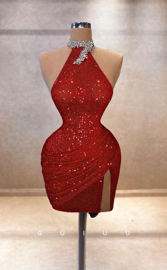 GH736 - Sexy & Hot Sequins Halter Beaded Mini Party Short Homecoming Dress