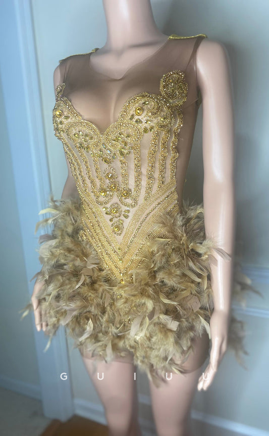 GH756 - Sexy & Hot V-Neck Beaded Feather Homecoming Dresses for Blacek Women