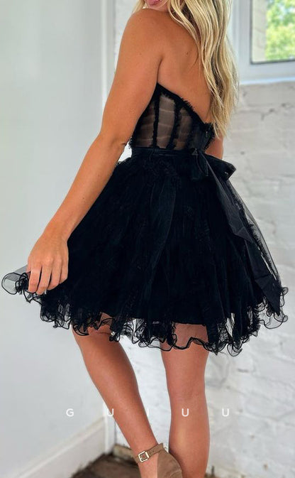 GH785 - A-Line Strapless Black Sheer Ball Gown Short Tulle Homecoming Party Dress