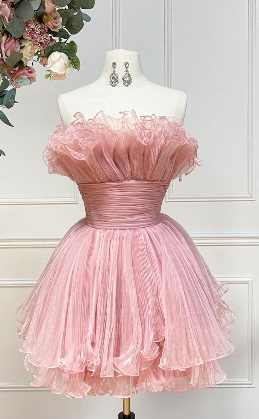 GH790 - Chic & Modern Strapless Ball Gown Ruffles Pink Mini Homecoming Party Dress