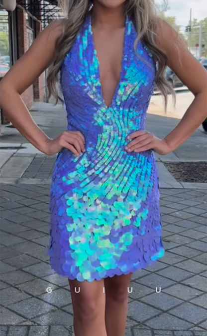 GH793 - Sexy Fitted V-Neck Halter Sequins Short Mini Homecoming Party Dress