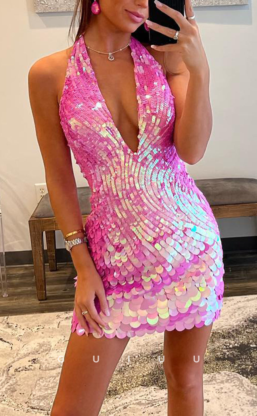 GH793 - Sexy Fitted V-Neck Halter Sequins Short Mini Homecoming Party Dress