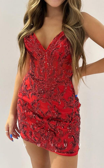 GH796 - Sexy Fitted Straps Sequins Red Short Mini Homecoming Party Dress