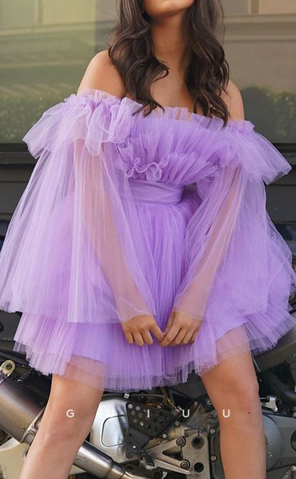 GH803 - Off-Shoulder Tulle Ball Gown Homecoming Party Dress With Puff Sleeves