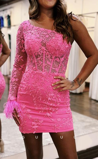 GH807 - Sexy & Fitted One Shoulder Long Sleeves Lace Mini Homecoming Party Dress