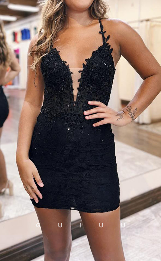 GH812 - Sexy & Hot V-Neck Sheer Applique Short Black Mini Homecoming Party Dress