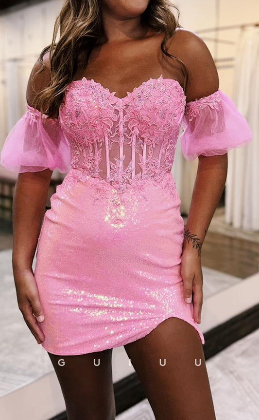 GH821 - Chic & Modern Off-Shoulder Applique Sheer Short Mini Homecoming Party Dress