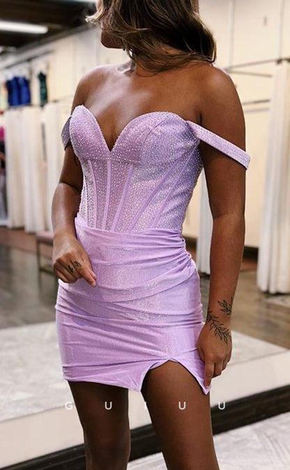 GH823 - Sexy & Hot Off-Shoulder Beaded Ruched Short Mini Homecoming Party Dress