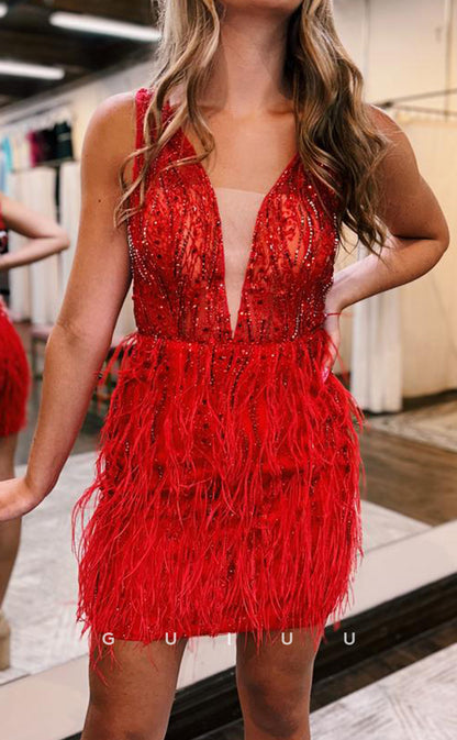GH825 - Chic & Modern V-Neck Feather Sequins Red Short Mini Homecoming Party Dress