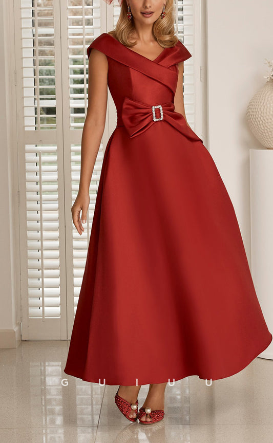 GM720 - Elegant & Dramatic A-Line Off Shoulder Bowknot with Sash Ankle-Length Mother of the Bride Dress