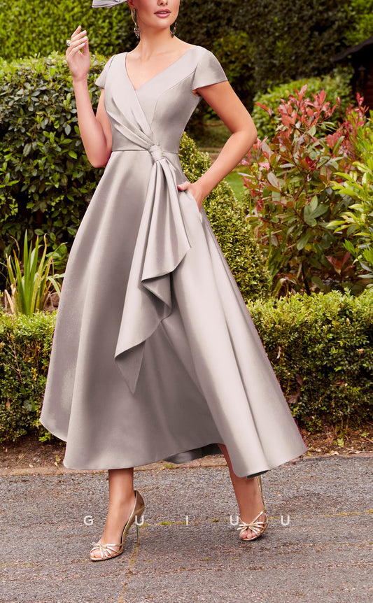 GM723 - Classic & Timeless A-Line V-Neck Cap Sleeves Draped Ankle-Length Mother of the Bride Dress