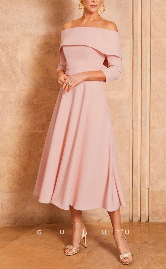 GM727 - Elegant & Classic A-Line Off Shoulder Quarter Sleeves Draped Bowknot Tea-Length Mother of the Bride Dress
