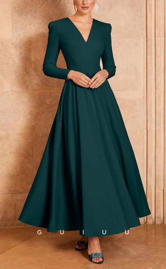 GM729 - Classic & Timeless A-Line V-Neck Long Sleeves Draped Ankle-Lgength Mother of the Bride Dress