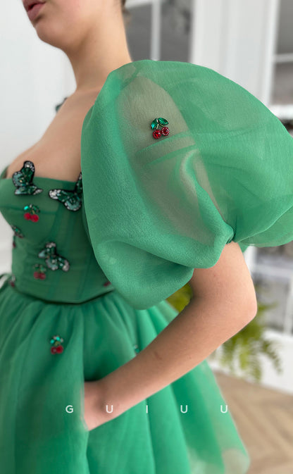 GH422 - A Line Sweetheart Short Sleeves Green Cute Homecoming Dress