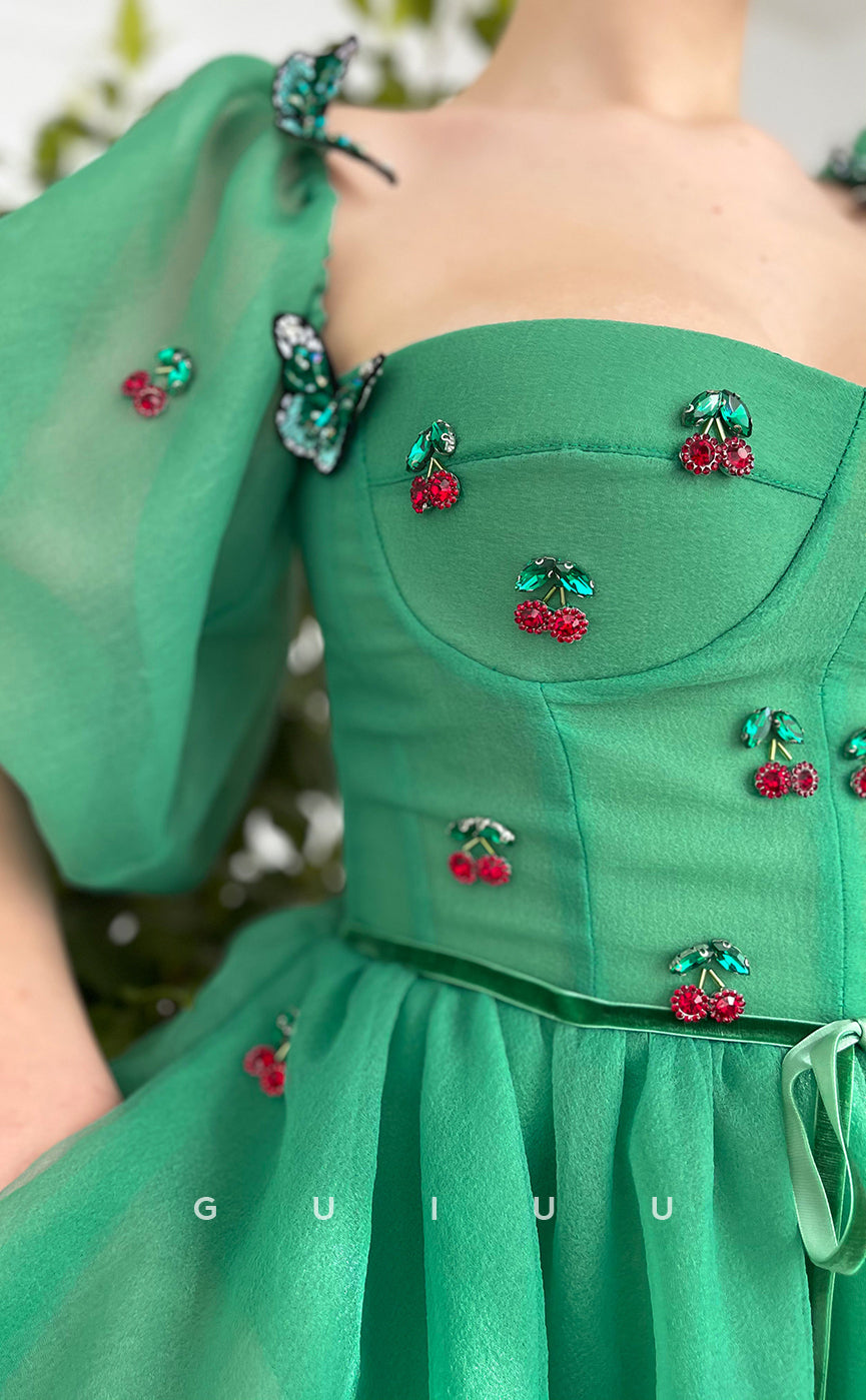 GH422 - A Line Sweetheart Short Sleeves Green Cute Homecoming Dress