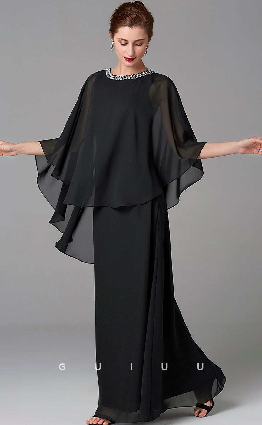 GM024 - Elegant Sheath Scoop Neck Floor Length Wrap Chiffon Mother of the Bride Dress Formal Wedding Guest Gown