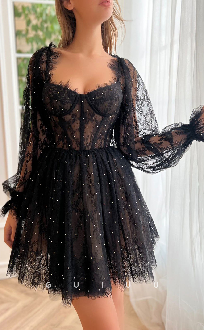 GH408 - A line Sweetheart Long Sleeves Black Lace Vintage Homecoming Dress
