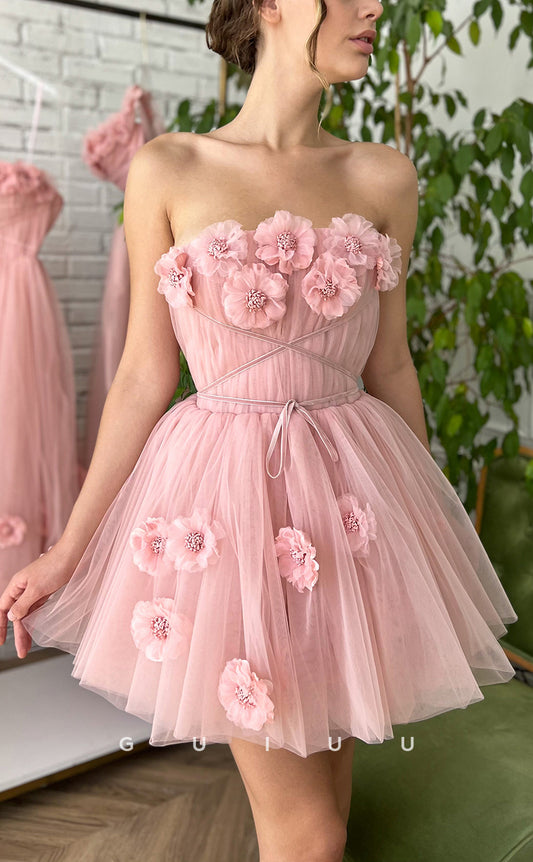 GH414 - A Line Strapless 3D Flowers Pink Cute Homecoming Dress
