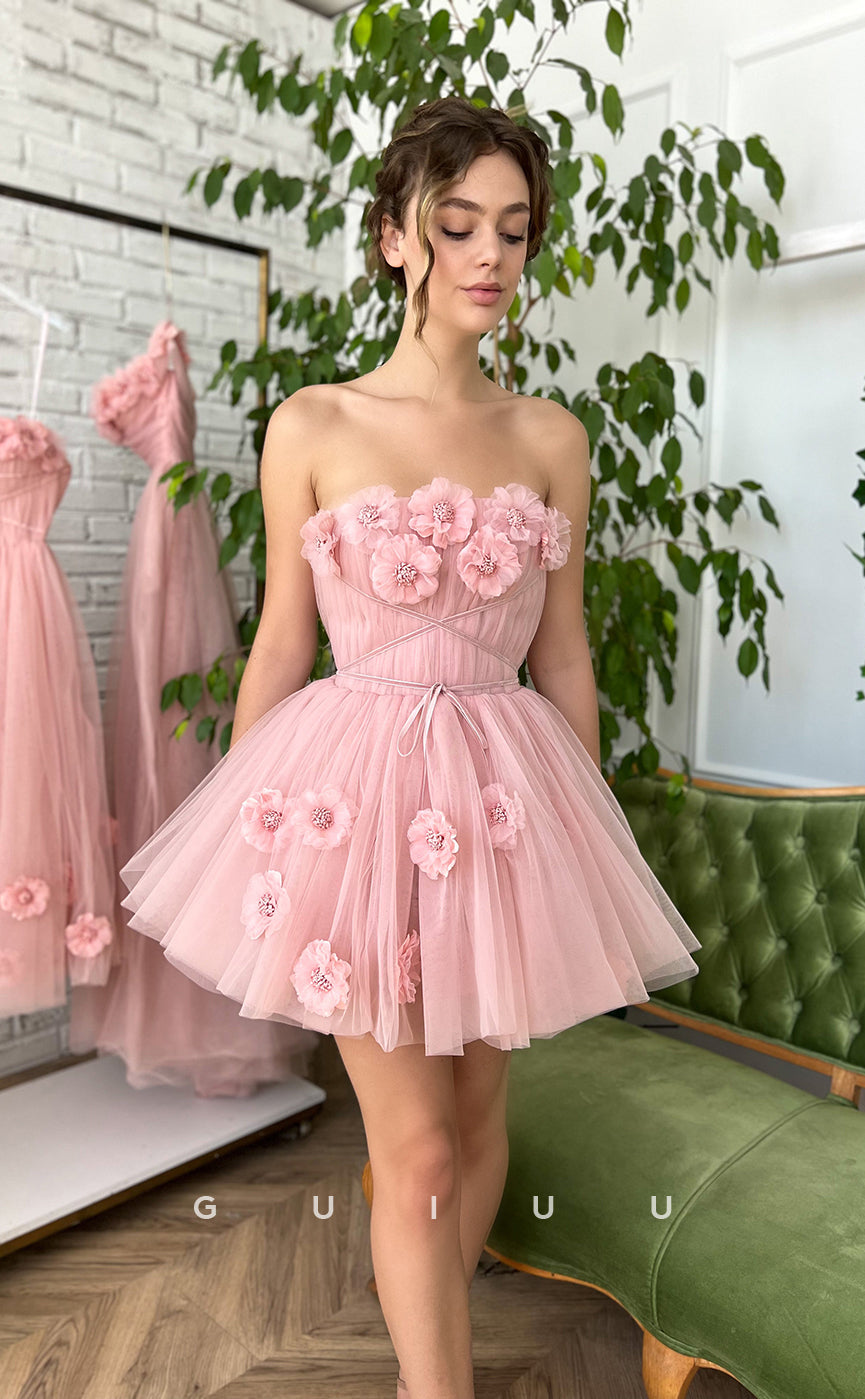 GH414 - A Line Strapless 3D Flowers Pink Cute Homecoming Dress
