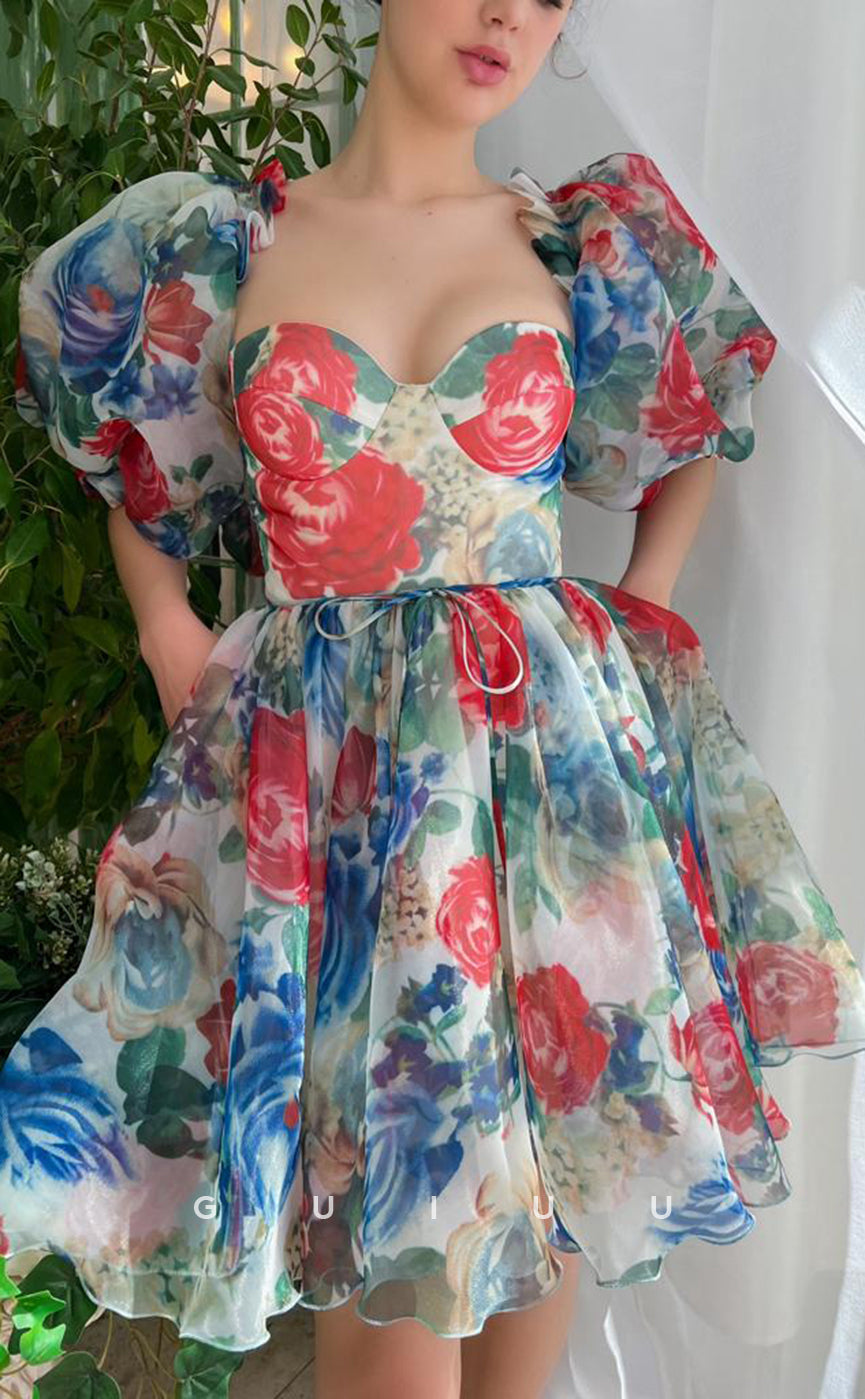 GH415 - A line Sweetheart Half Sleeves Floral Vintage Homecoming Dress with Pockets