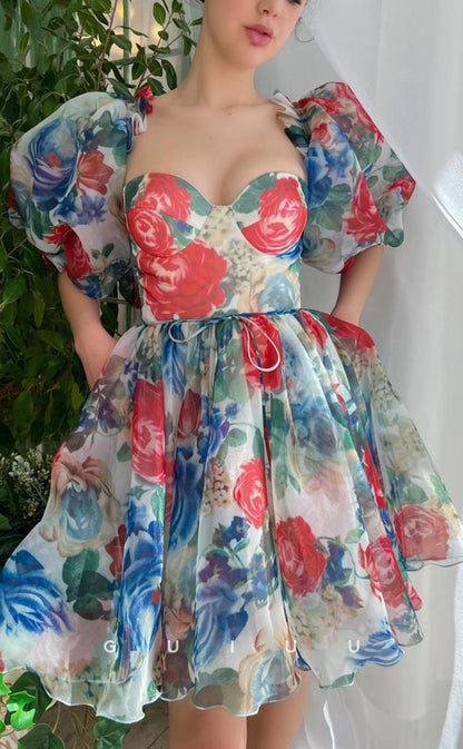 GH415 - A line Sweetheart Half Sleeves Floral Vintage Homecoming Dress with Pockets