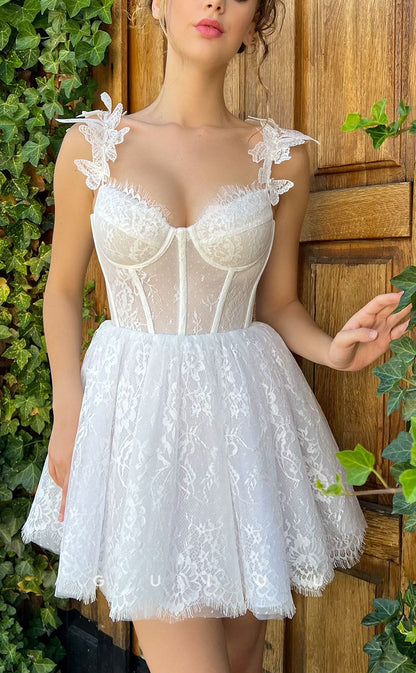 GH413 - A Line Sweetheart Ivory Lace Vintage Short Homecoming Dress with Pockets