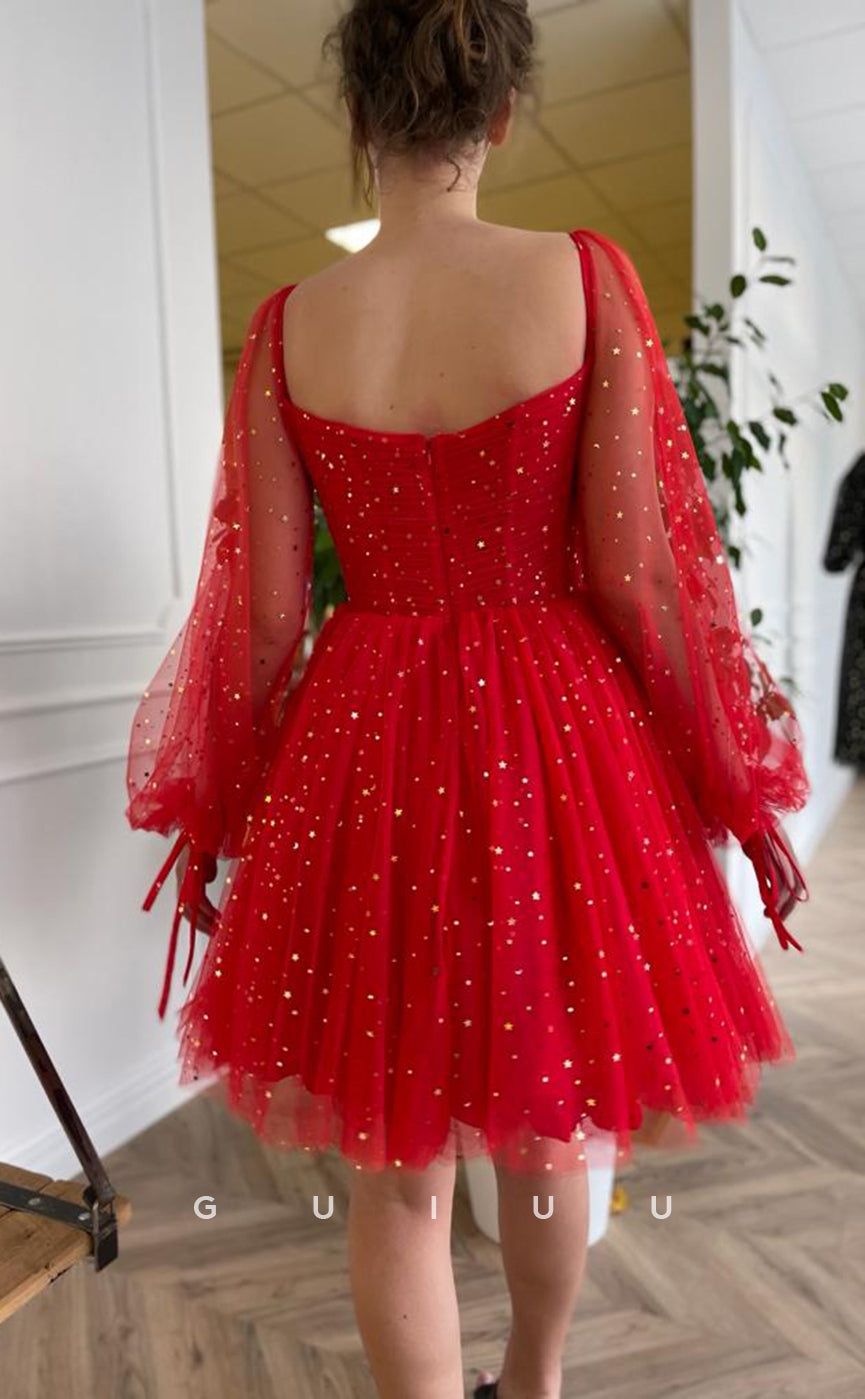 GH419 - A line Sweetheart Tulle Pleats Long Sleeves Red Short Homecoming Dress