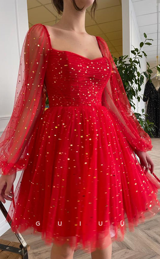 GH419 - A line Sweetheart Tulle Pleats Long Sleeves Red Short Homecoming Dress
