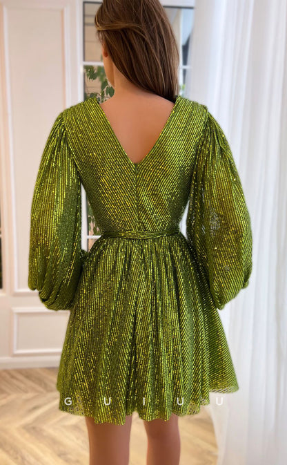 GH405 - A Line V Neck Long Sleeves Green Vintage Homecoming Dress