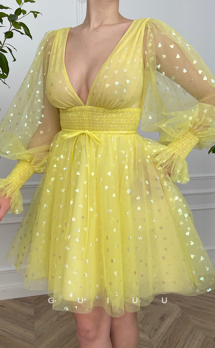 GH421 - A Line V Neck Long Sleeves Yellow Cute Homecoming Dress